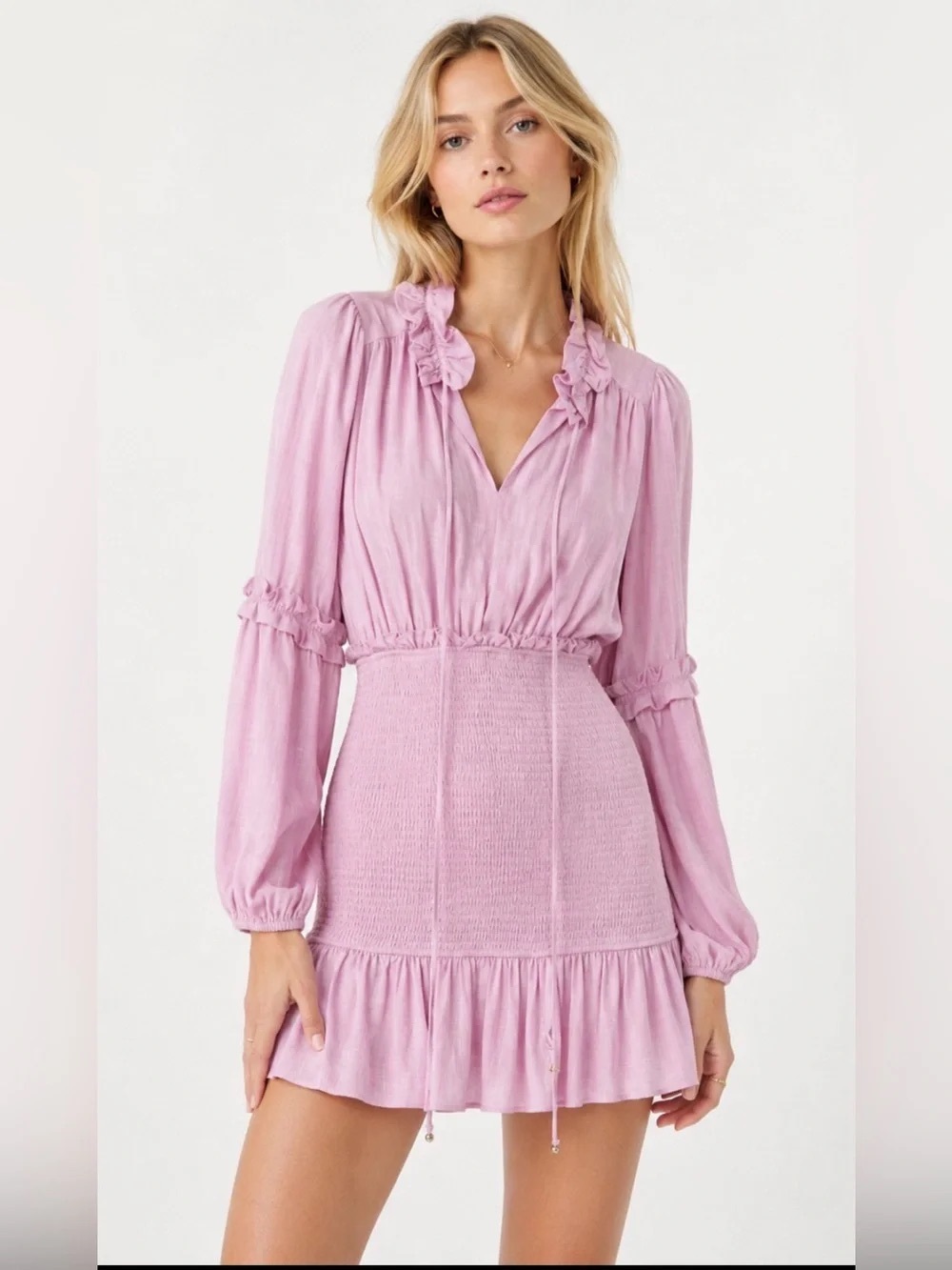 Elliatt Light Pink/lavender smocked Long-Sleeve Mini Dress